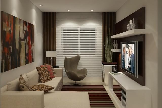 Imagem 58 – Sala de TV com cortina de tecido e persiana Sala De Tv Com Sofa Roxo ~ Imagem 58 – Sala de TV com cortina de tecido e persiana