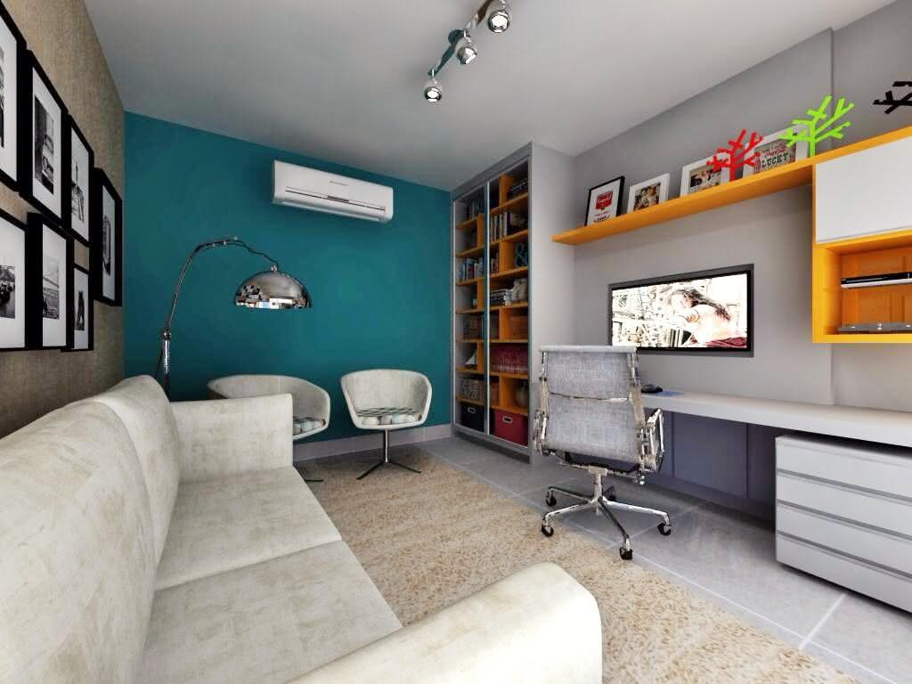 Imagem 25 – Sala de TV com bancada e caixotes de madeira Como Organizar Sala De Tv ~ Imagem 25 – Sala de TV com bancada e caixotes de madeira