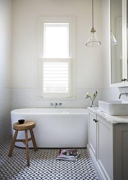 Banheiro com piso em azulejo preto e branco.
