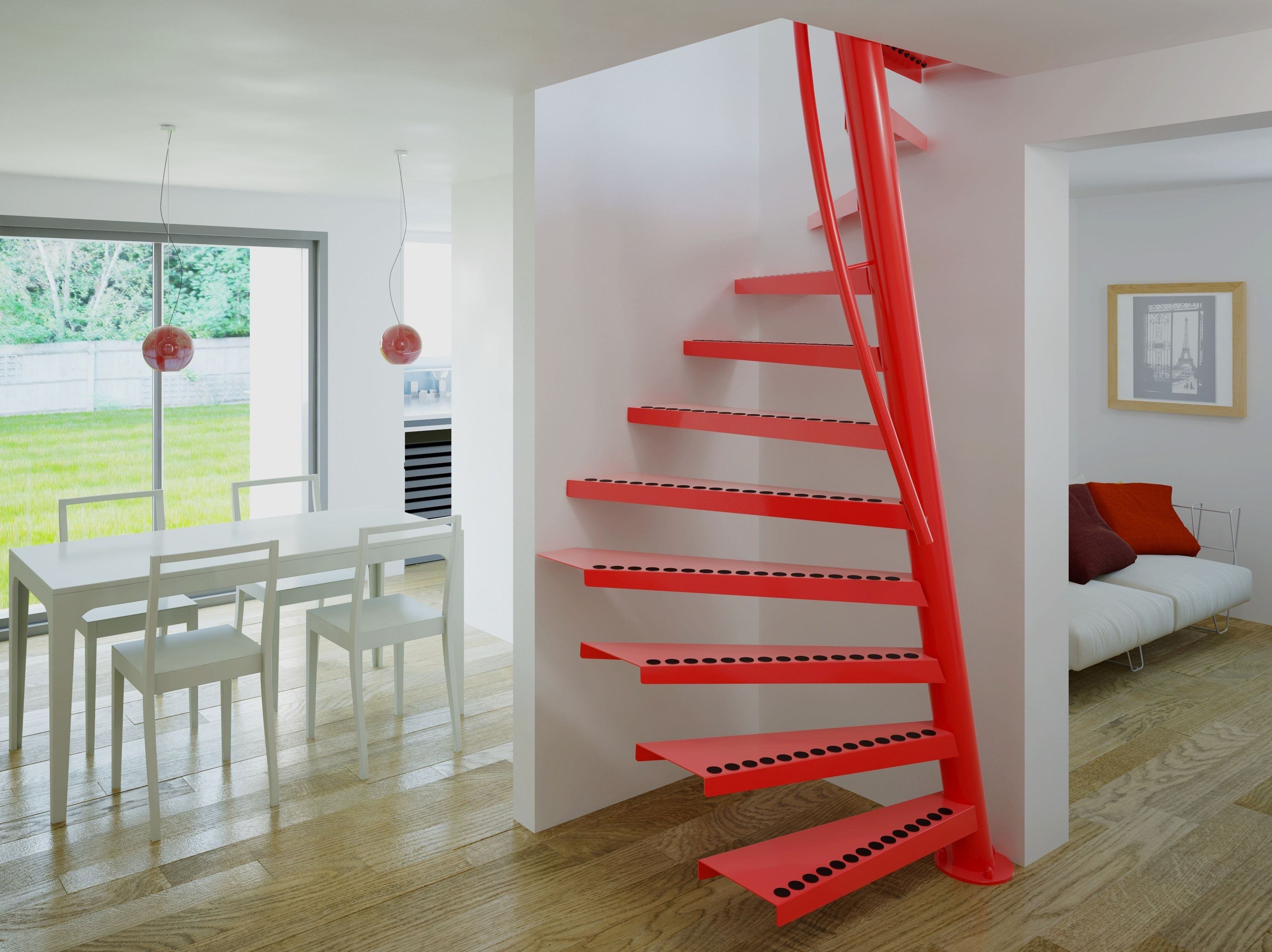 Escada caracol vermelha e marcante em estrutura metálica para um ambiente neutro