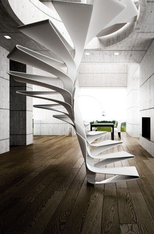 Escada caracol em um visual mais futurista com curvas marcantes para um projeto moderno