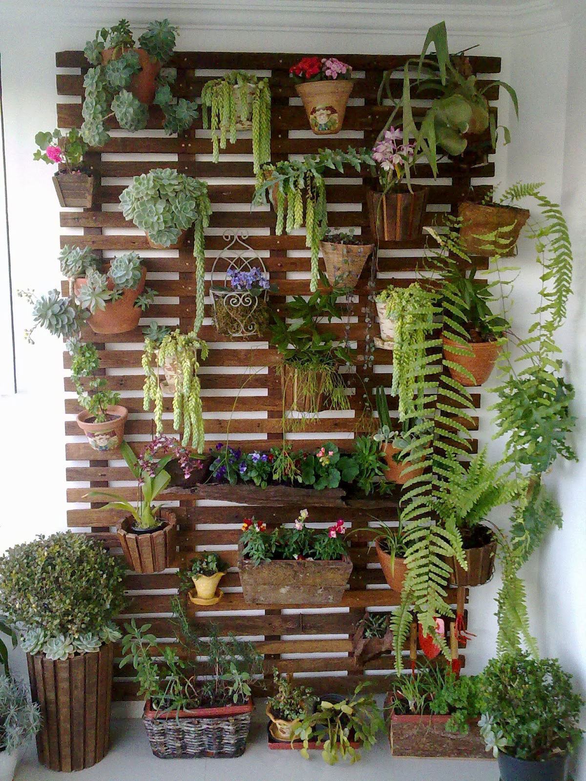 É possível montar o jardim com vários vasos presos em um suporte vertical.