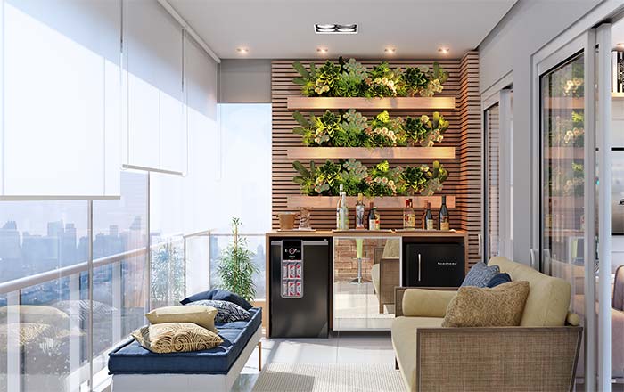 This balcony's bar area has added a touch with the vertical garden plants