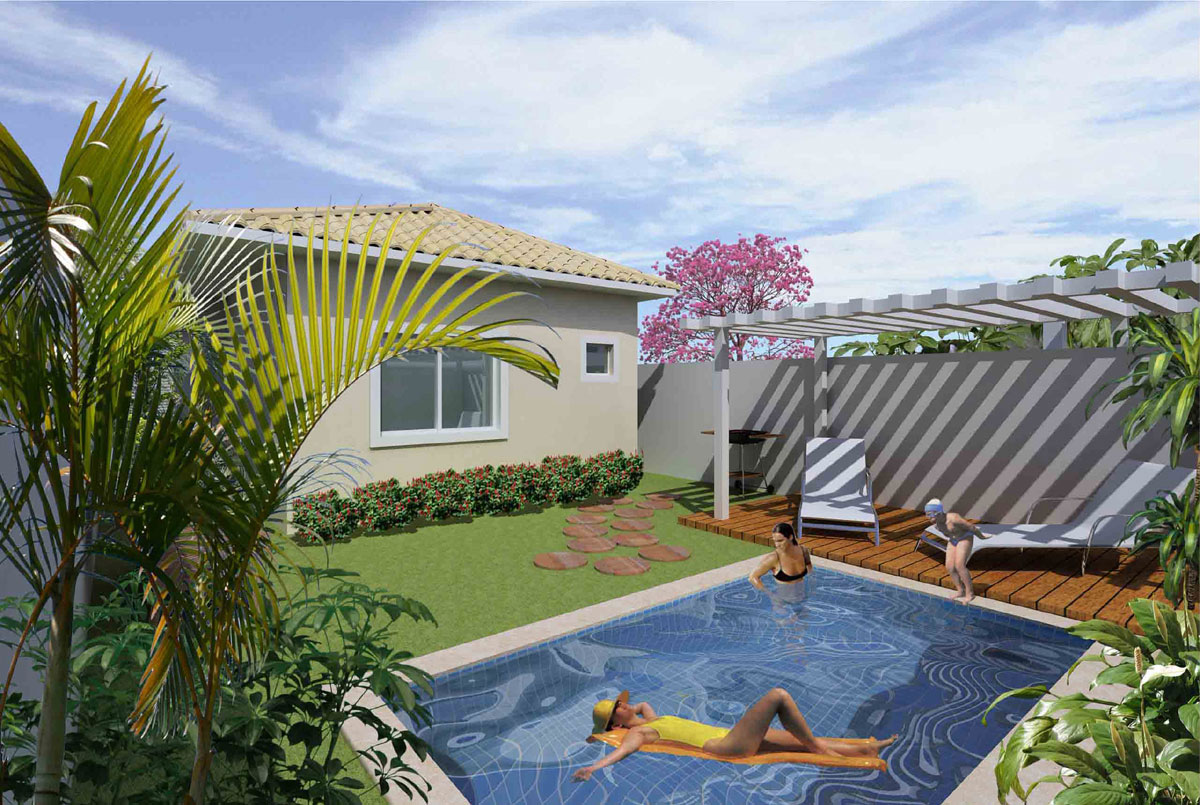 Quintal pequeno com piscina.