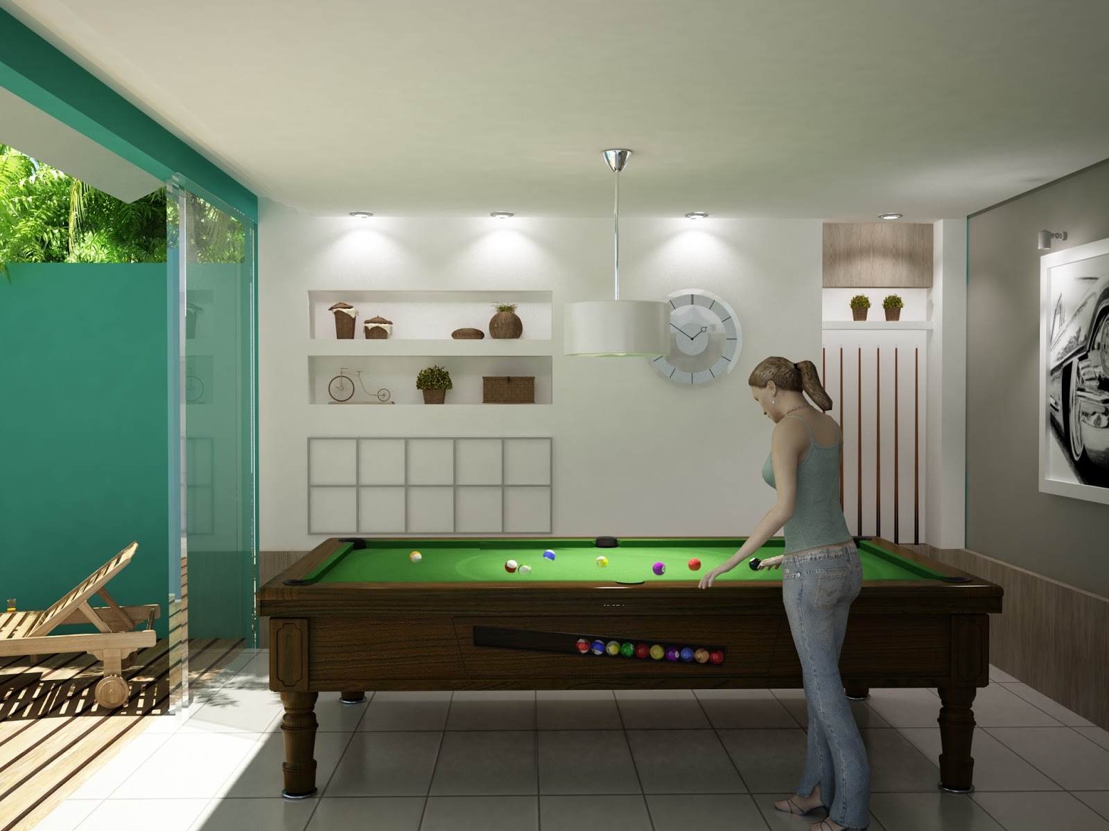Área de lazer com sala de jogos e mesa de sinuca.