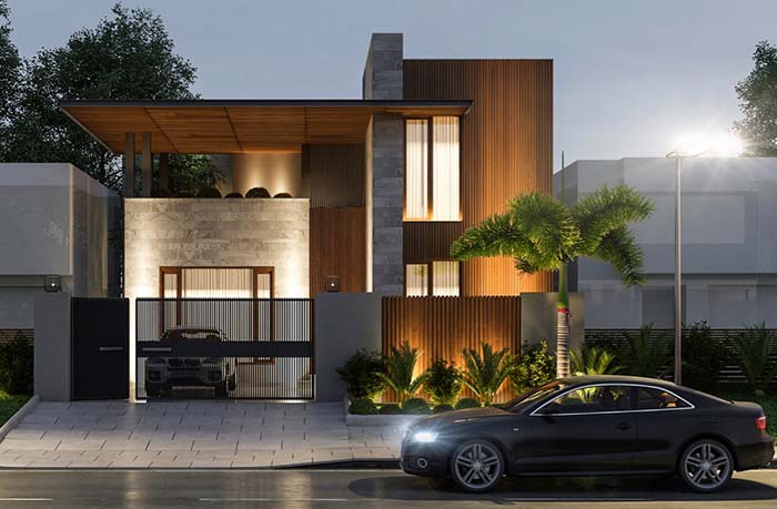 Madeira e concreto fazem uma combinação perfeita em casas de estilo moderno.
