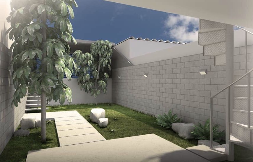 Jardim pequeno minimalista com pedras e árvores