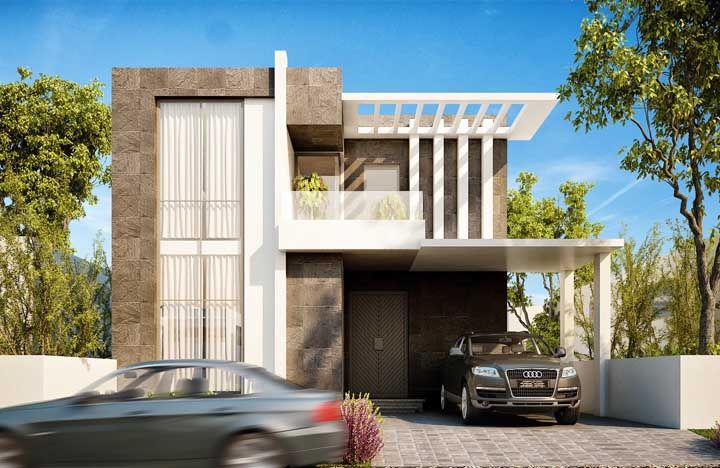 Moderna, essa fachada explora grandes janelas para aumentar a luminosidade no interior da casa