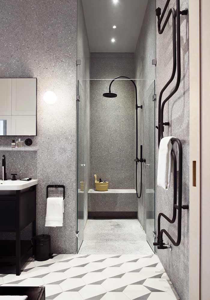 Large luxury bathroom in shades of gray and black.  Well-defined areas make the space even more functional