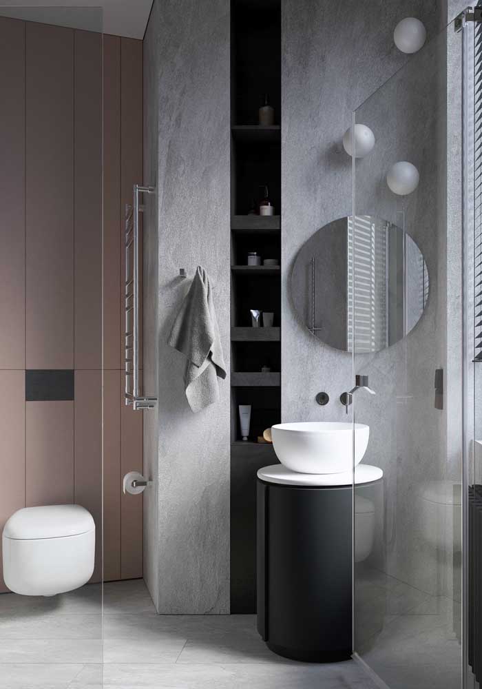 Luxury bathroom in black and white.  But the pink wall at the back does not go unnoticed in the project