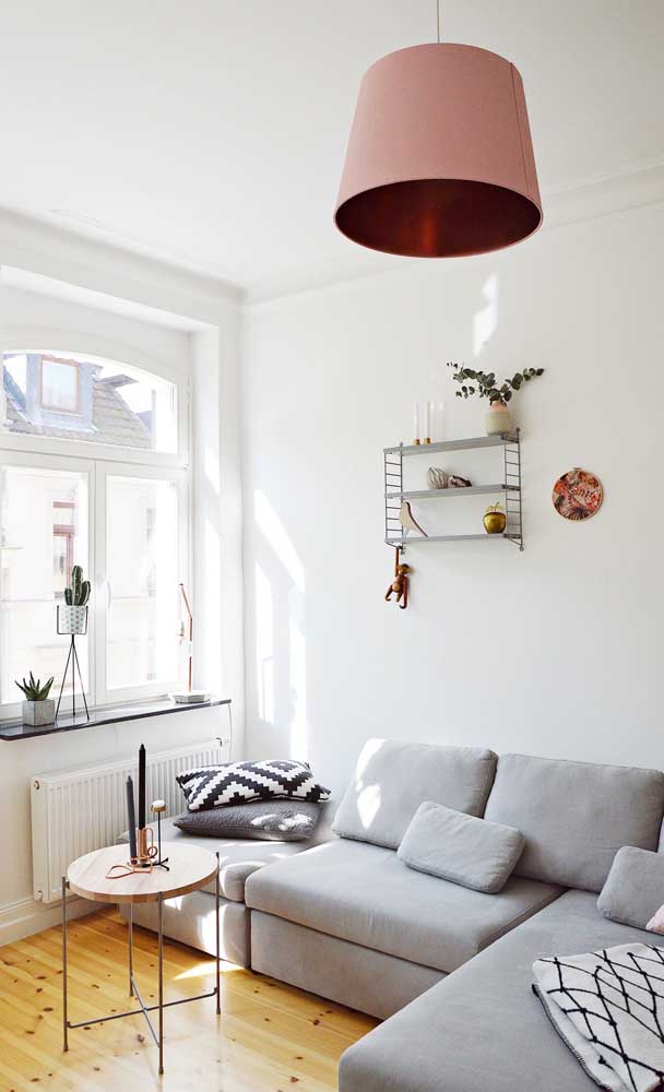 The brightly lit small room bet on a gray sofa