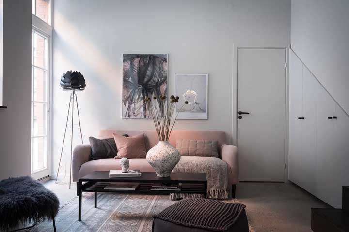 A little color in the small living room with the pink couch