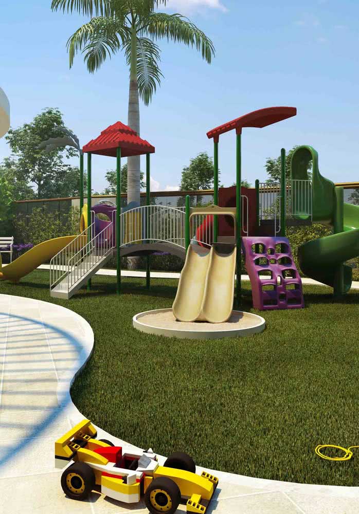 Área de lazer infantil com playground completo