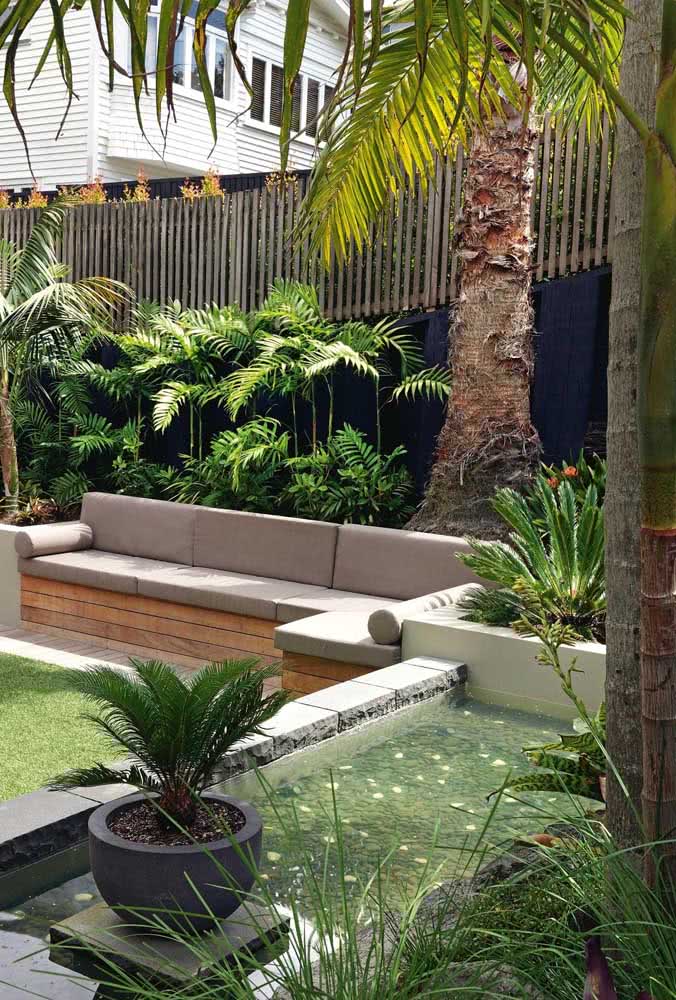 Uma piscina natural para deixar o jardim tropical ainda mais aconchegante