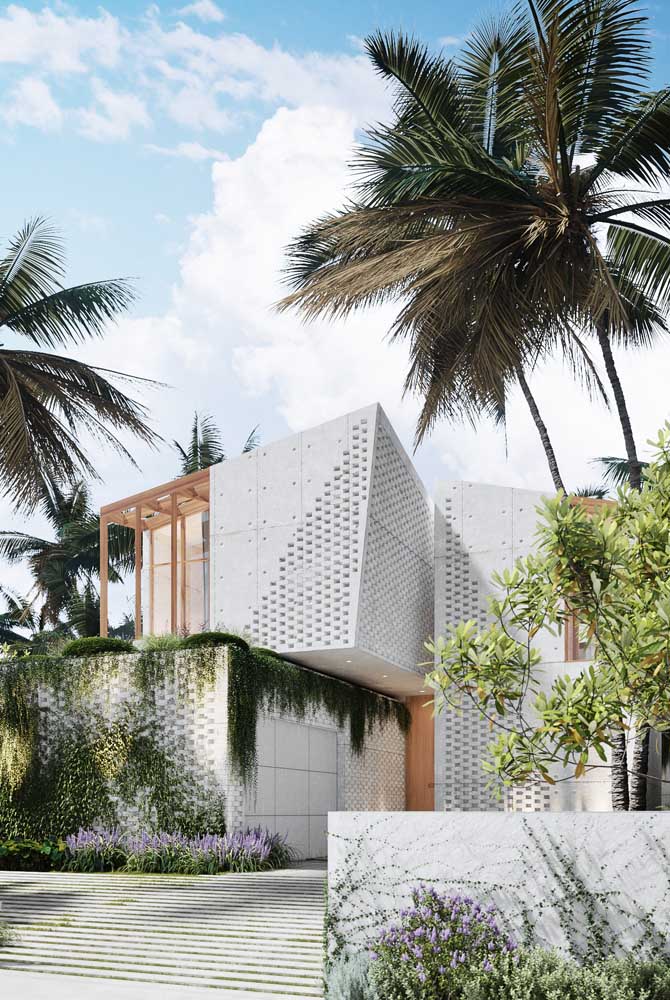Casa linda e moderna tropical com concreto aparente e plantas trepadeiras.