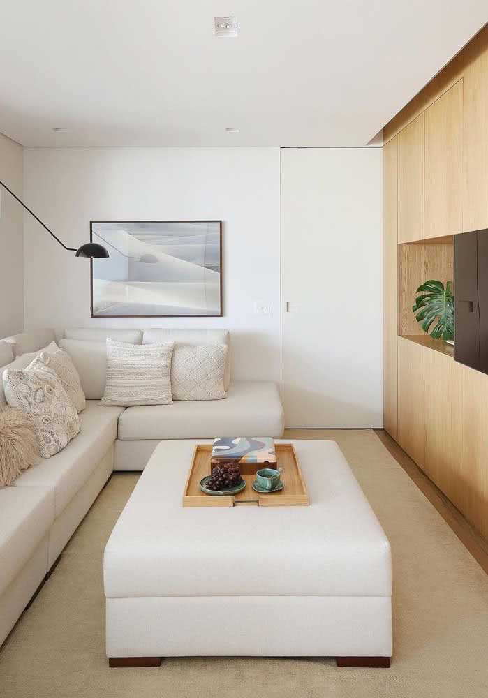 Sala minimalista de apartamento: para mesclar bem com a pintura branca, nada melhor do que um sofá branco.