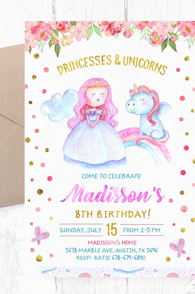 Se a ideia é fazer uma festa com tema Princesa e Unicórnios, então você já tem o modelo do convite