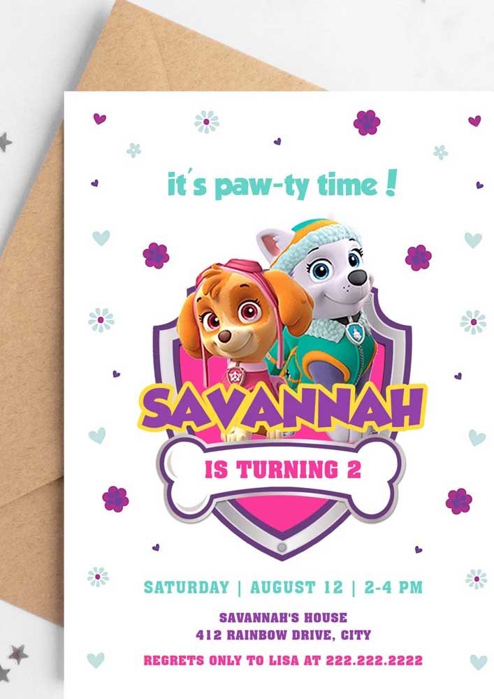 Convite Patrulha Canina rosa: para as menininhas fãs do desenho e da personagem Skye
