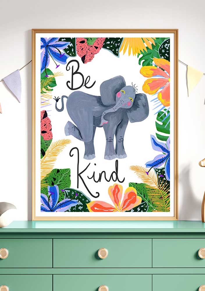 Um quadro com elefante para fechar a decoração de quarto de bebê safari