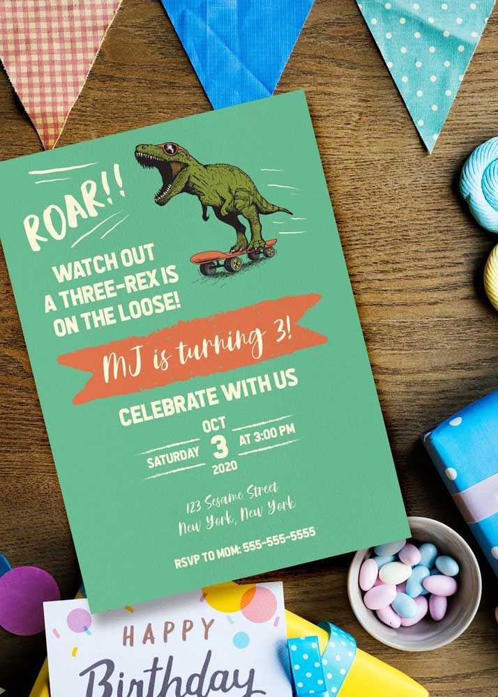 Convite de aniversário masculino infantil. As crianças amam dinossauros