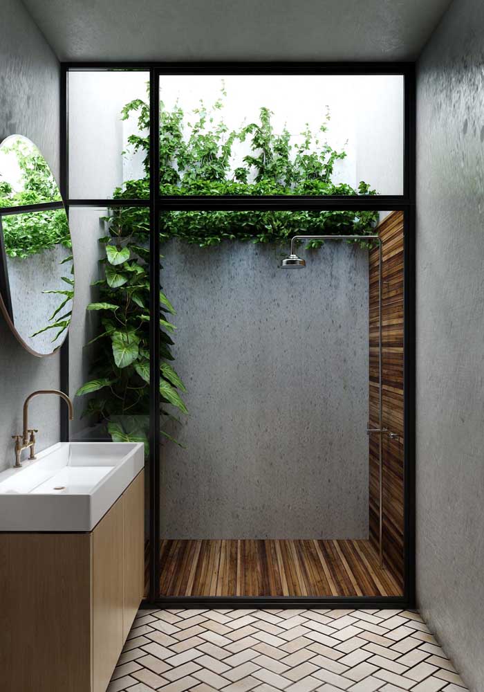Banheiro com jardim de inverno no box: use espécies tropicais que gostam de umidade