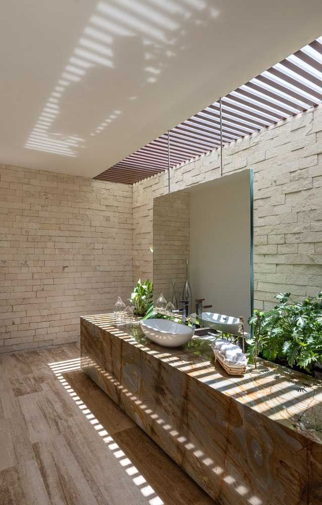 O teto solar permite que a luz do sol ilumine as plantas do jardim de inverno no banheiro