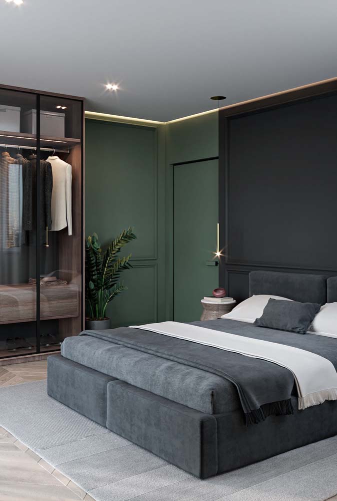 Verde e preto para um quarto de casal moderno e sofisticado