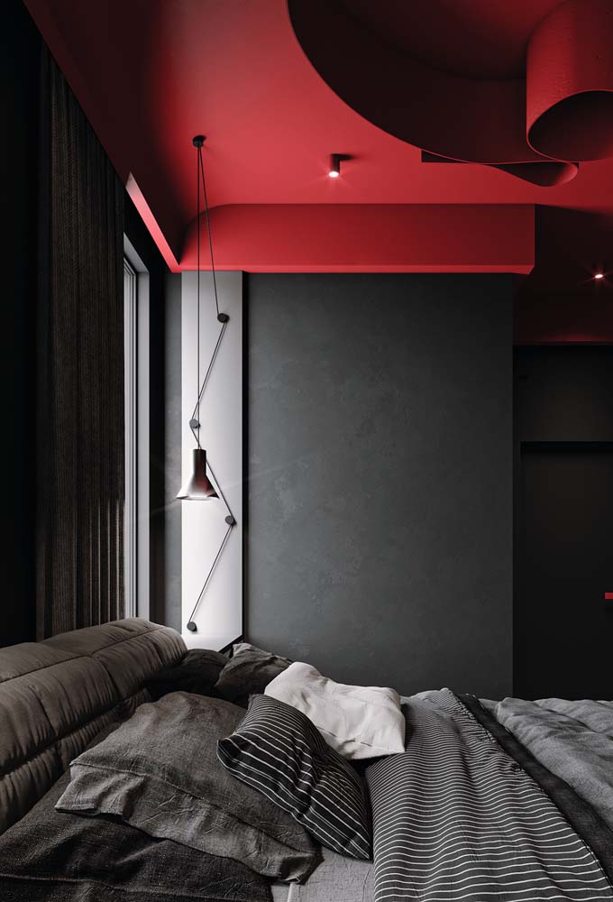 Teto vermelho e paredes pretas. Uma paleta de cores de tinta para quarto para quem deseja ousar