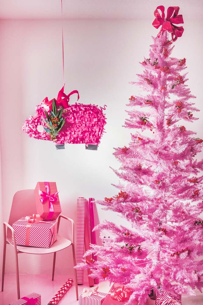 Árvore De Natal Rosa 72x33cm Decorada Exclusivo